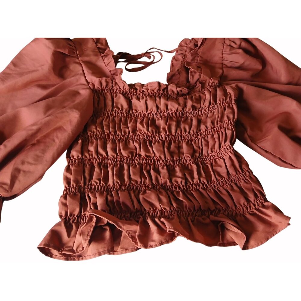 Milk Honey Smocked Rust Orange Shirt Top Size M Puff Sleeve Ruffle Cropped - Picture 10 of 13